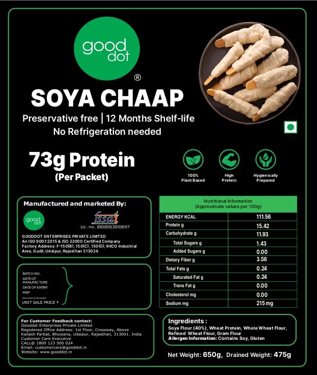 GoodDot Soya Chaap Pack of 2 | 1300g | 73g Protein | Plant-Based Mock Meat | Ready to Cook | Vegan Protein Food | Preservative Free | 12 Month Shelf Life | No Refrigeration Needed 1