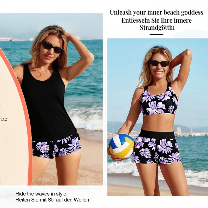 JASAMBAC Tankini da donna in 3 pezzi, bikini push up e pantaloncini da bagno a vita alta, costume da bagno semplice, costume da bagno sportivo da donna, costume da bagno per piscina, spiaggia
