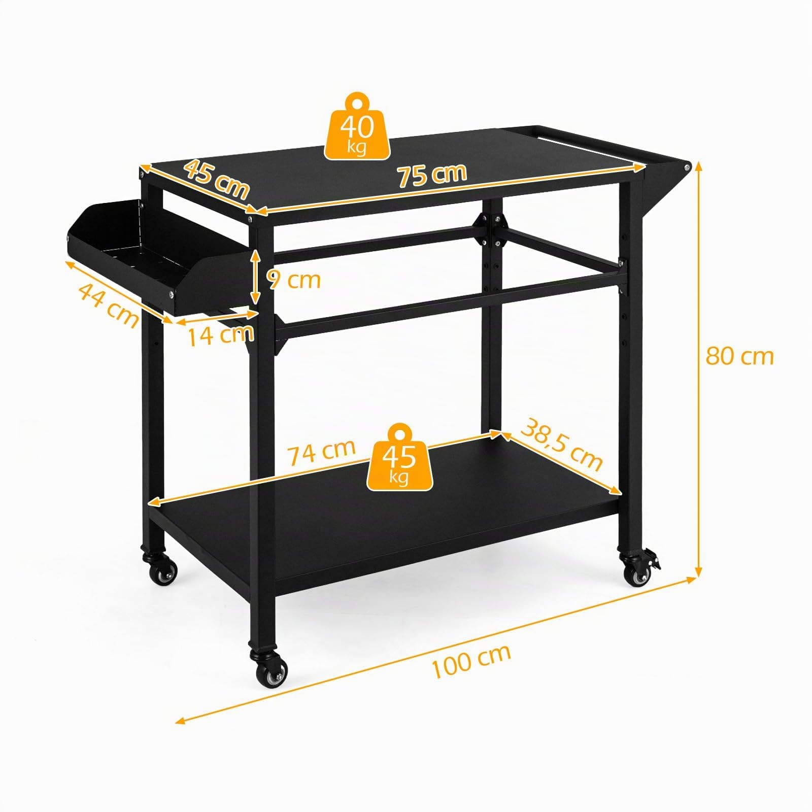 KOMFOTTEU Carrello per Barbecue a 2 livelli, Carrello da Giardino con Porta Asciugamani e Scaffale per Spezie, Desserte da Esterno, 4 Rotelle, per Giardino e Terrazza, 100 x 45 x 80 cm, Nero