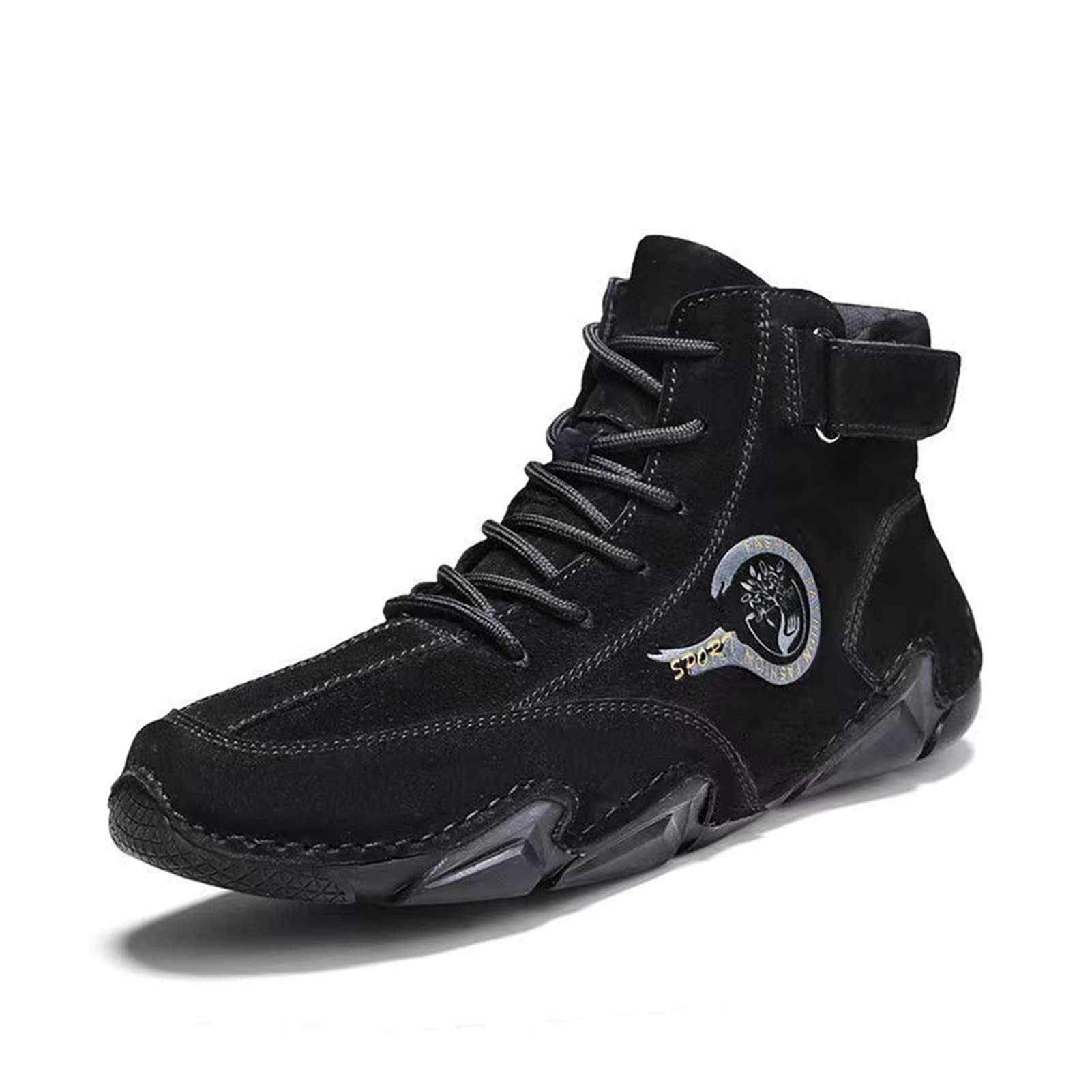 Tzsaixeh Men Italian Suede Velcro High Boots,Men's Leather Chukka Handmade Non-Slip Casual Sneakers Shoes (Color : Black, Size : 6.5)