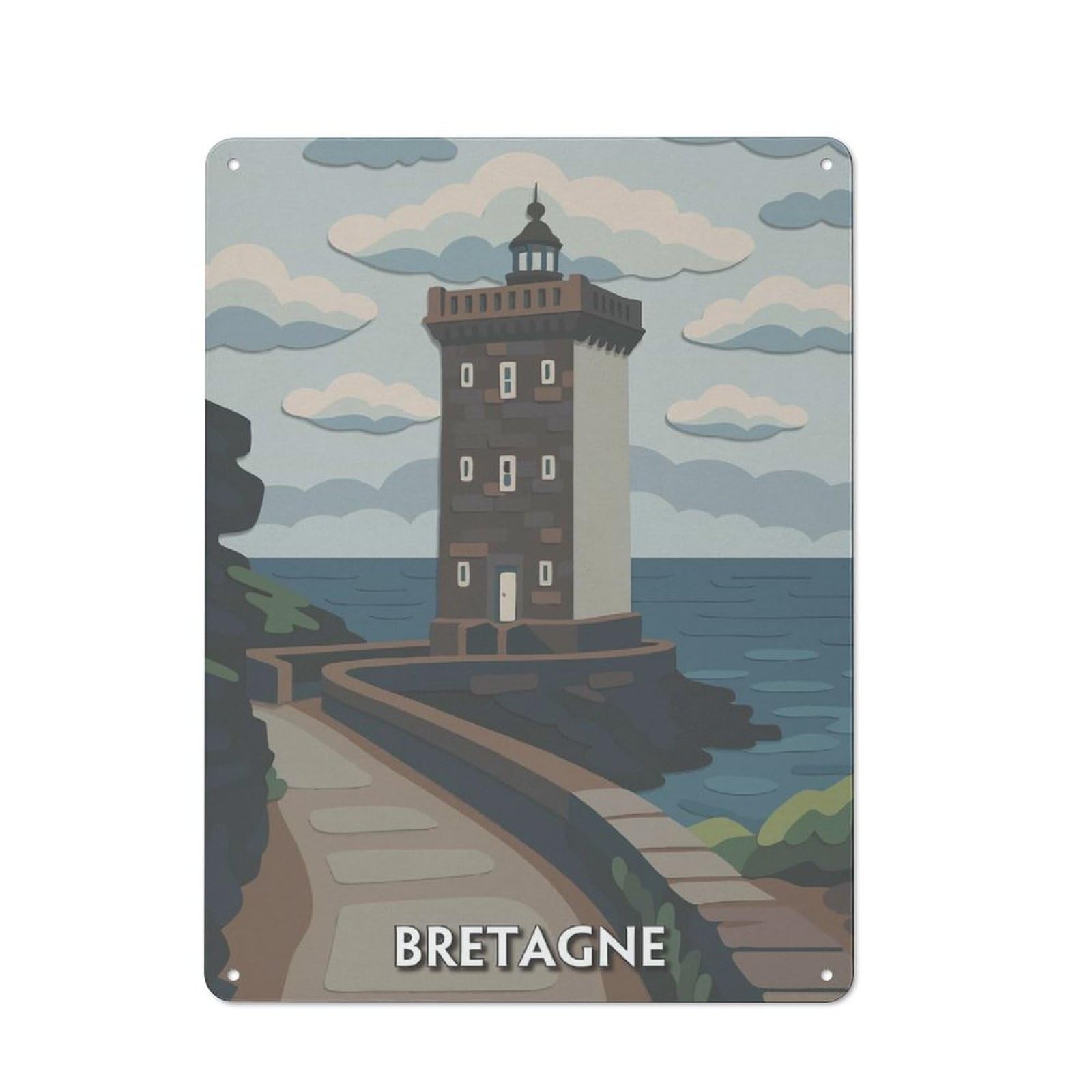 Junmoney Style Vintage Bretagne Lighthouse Paper Cutout Illustration Vintage Metal Sign 40X30cm, Restaurant Wall Art For Takeaway, Bar, Kitchen Or Counter Area