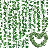Tamaño y paquete: cada enredadera verde mide casi 6,88 pies de largo y tiene 80 hojas, con un tamaño de hoja de 1,9 pulgadas y 1,6 pulgadas, viene con 12 hebras de enredadera de hiedra artificial, un total de 84 pies de largo. Material: las hojas art...