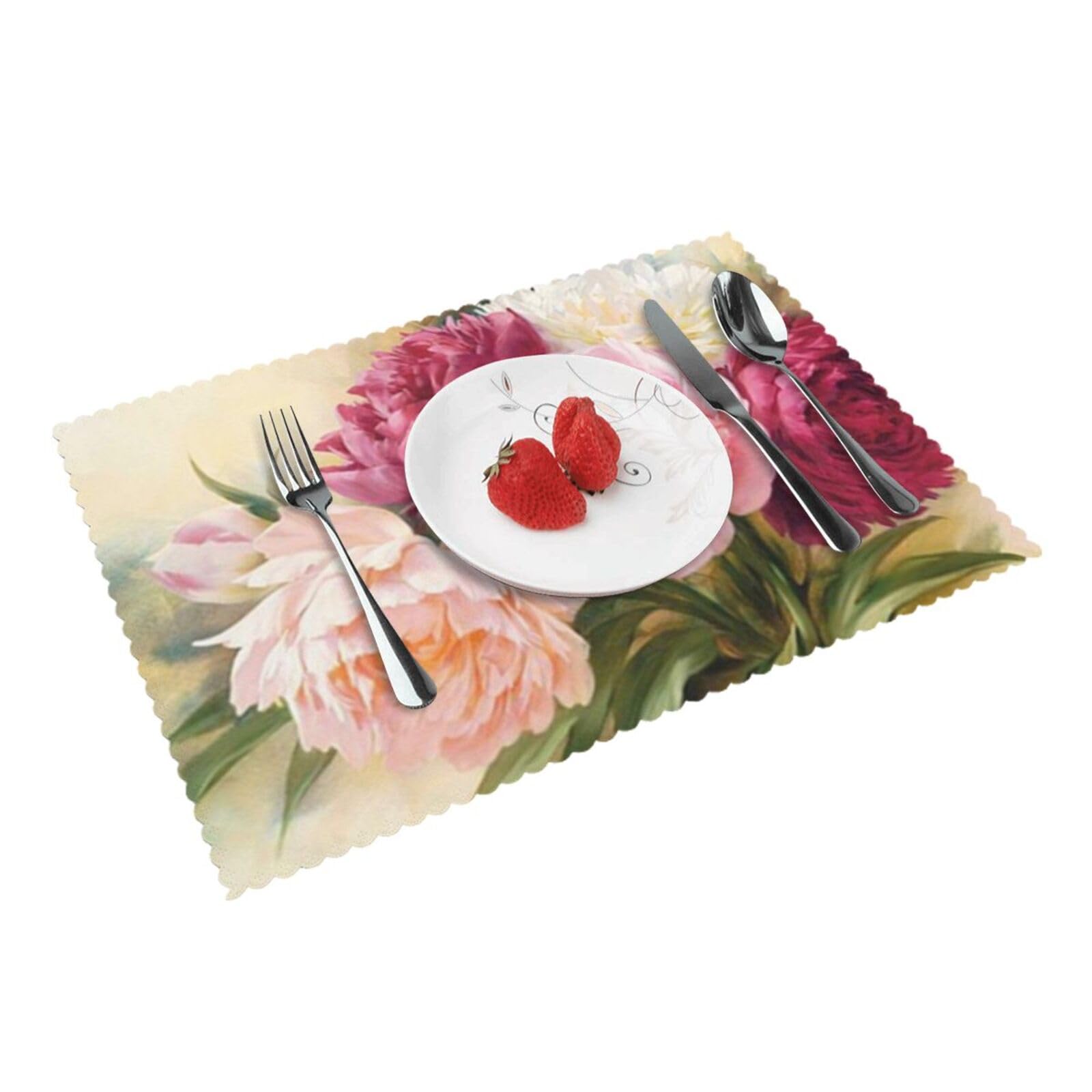 4 PCS Heat Resistant Placemat 45x30 CM, peony flowers blossom Printed Non-Slip Place Mats for Kitchen Dining Table Indoor Outdoor