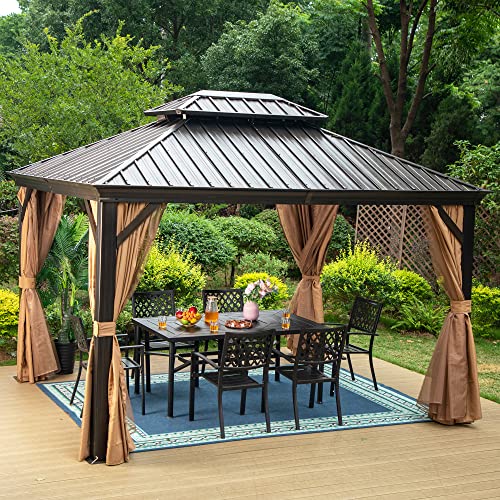 PHI-VILLA-10-X-12-Outdoor-Hardtop-Gazebo-on-Clearance-Double-Roof-Gazebo-with-Curtains-and-Netting-Permanent-Pavilion-Gazebo-with-Aluminum-Frame-for-Patios-Gardens-LawnsBrown PHI VILLA 10 X 12 Outdoor Hardtop Gazebo on Clearance Double Roof Gazebo with Curtains and Netting Permanent Pavilion Gazebo with Aluminum Frame for Patios Gardens LawnsBrown