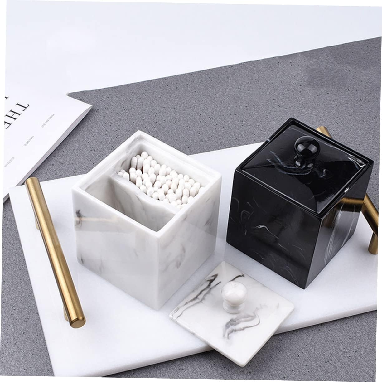 2pcs Cotton Swabs Holder and Makeup Cotton Box Resin Marble Grain Pattern Organizer Lid for Bathroom and Home Storage