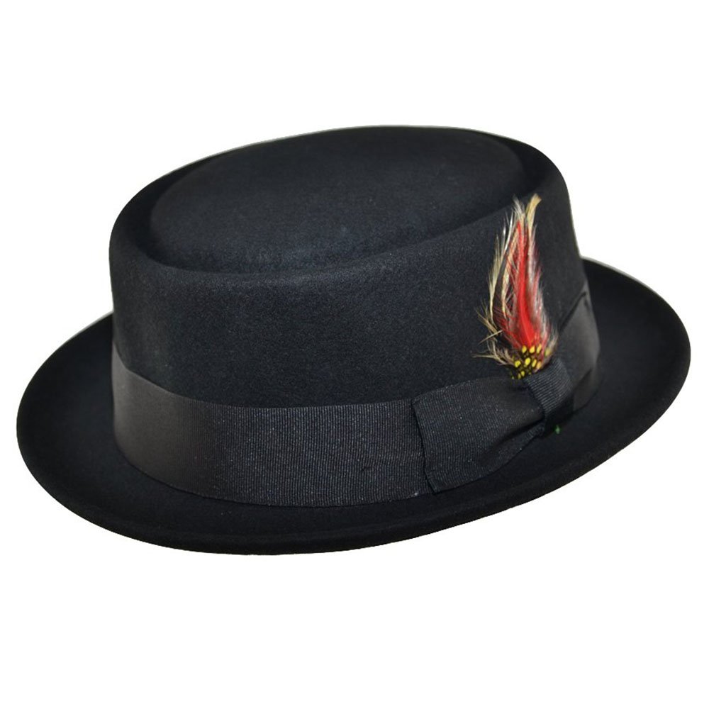 JMC Trading Company100% Wool Felt Pork Pie HAT with Ribbon Band and Feather Detail, BLACK, M