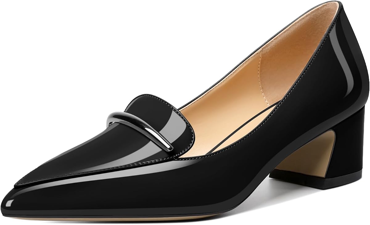 Soireelady Zapatos de vestir con tacón de bloque para mujer, tacones bajos y gruesos, puntera puntiaguda, zapatos de vestir de 2.0 in