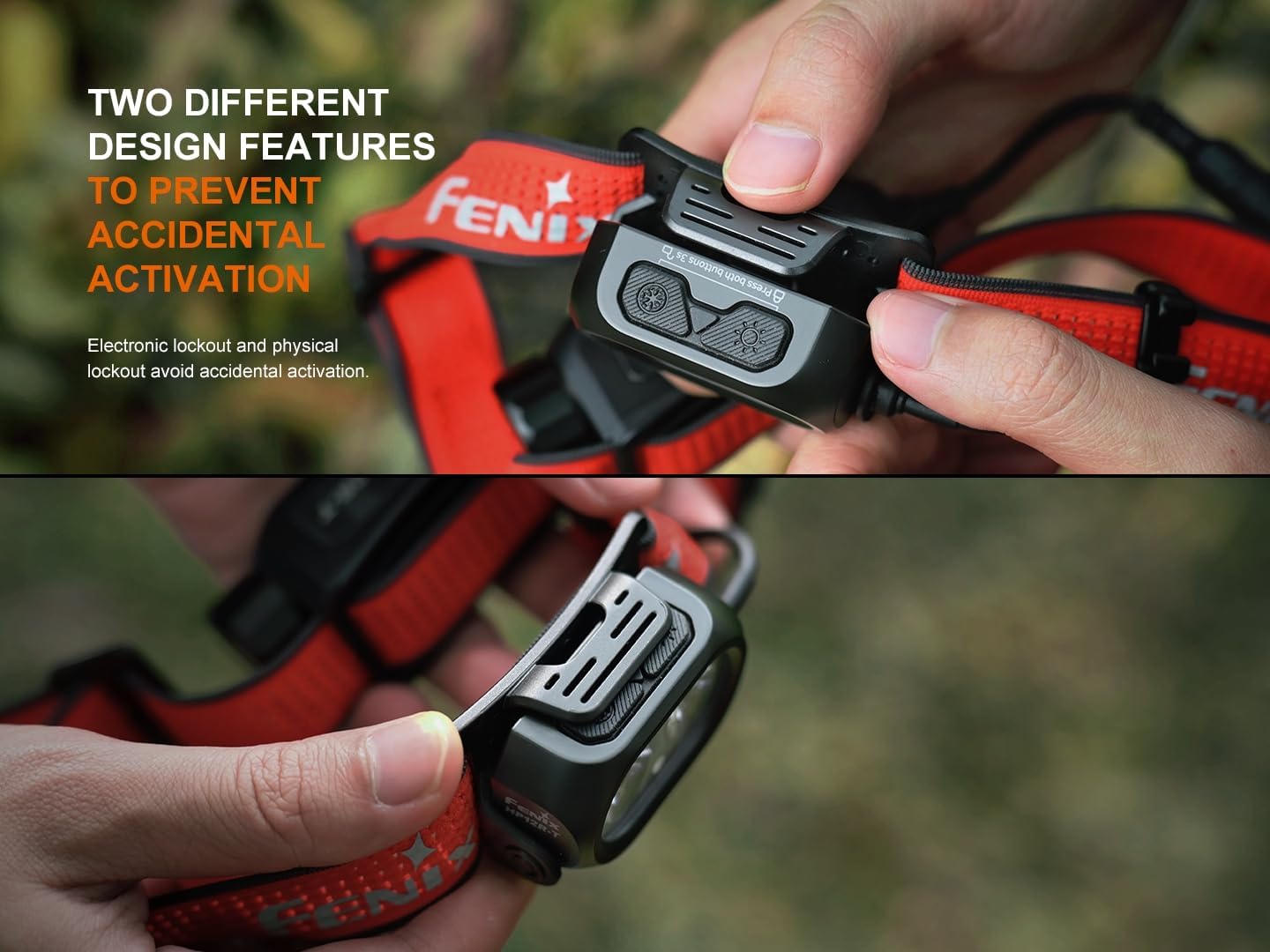 Two images showing the Fenix HP12R-T headlamp's lockout features