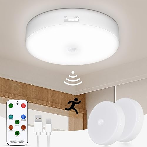 TOOWELL Luz recargable con sensor de movimiento con control remoto, luz de techo a pilas, 5 brillo y 4 colores de temperatura regulable, luz LED