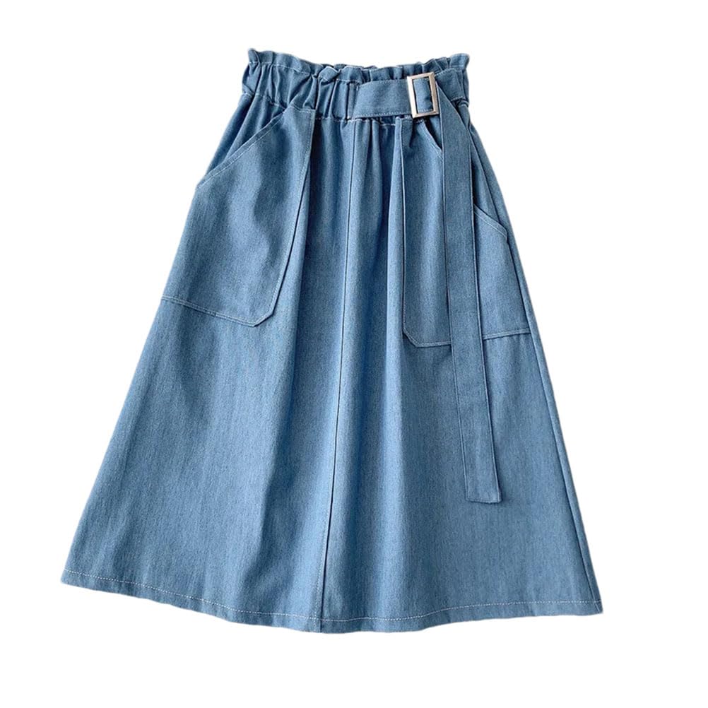 Falda de mezclilla midi para mujer, cinturón de bolsillo, línea A, longitud hasta la rodilla, cintura alta, falda vaquera