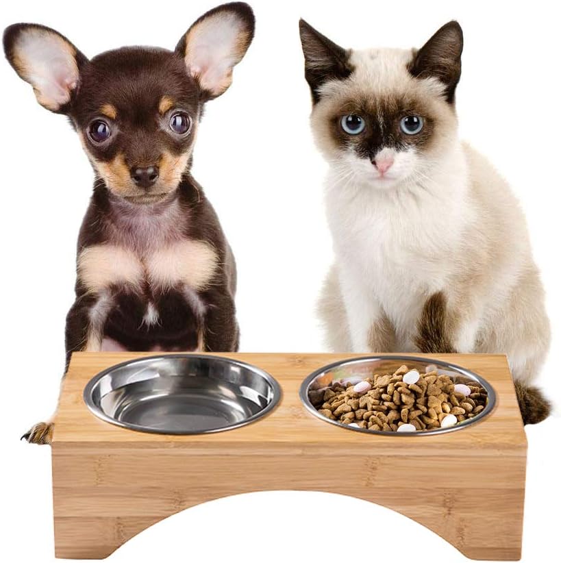 PELYN Elevated Cat Bowls Cat Bowls with Bamboo Stand Double Stainless Steel Bowls for Cats and Small Dogs