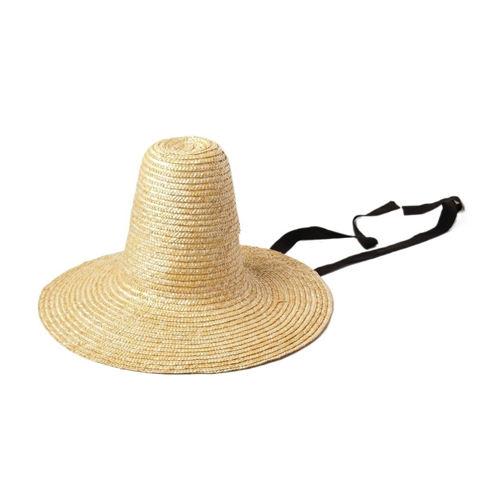 Cappello da Sole in Paglia con Punta Alta e Cinturini, Stile sfilata di Moda e Cappello di Paglia a Tesa Larga