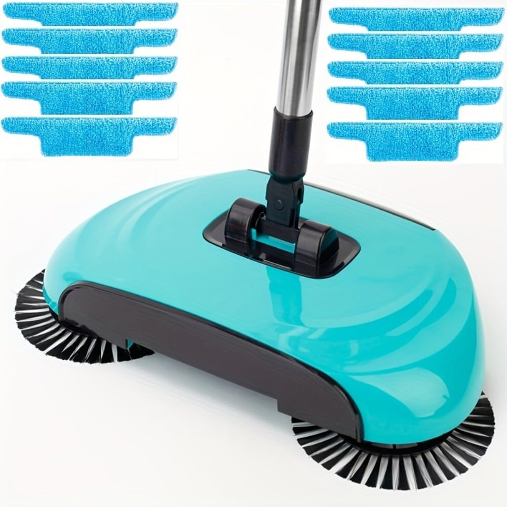 Manual Sweeper, Carpet Sweeper, Mini Hand Push Sweeper 3 in 1 Household Cleaning Lazy Dustpan Trash Bin 360° Rotating Floor Cleaning Mop for Hardwood Ceramic Tiles, with 10 Cloth (Blue)