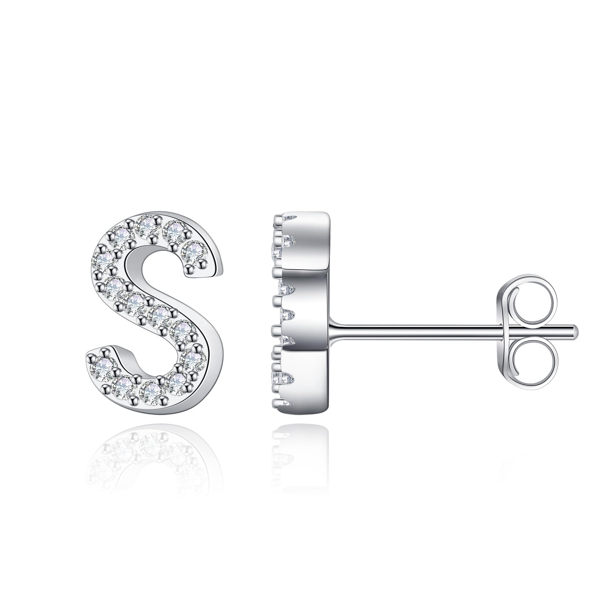 MOOSEA Pendientes de tuerca de plata de ley 925 chapados en oro blanco de 14 quilates con letra inicial de moissanita para mujer, aretes de diamante de imitación, Plata de ley, Moissanita