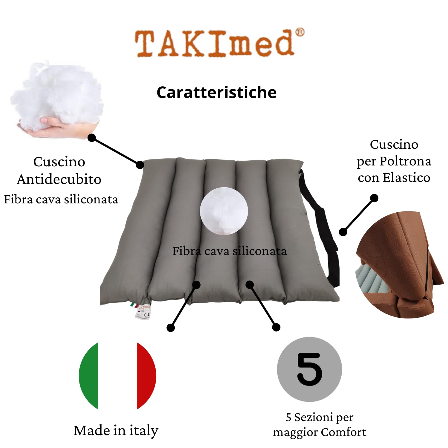 TAKIMED Cojín Ortopédico Antiescaras de Cinco Secciones con Fibra Hueca Siliconada, para Sillón, Hecho a Mano, Fabricado en Italia, Color Gris