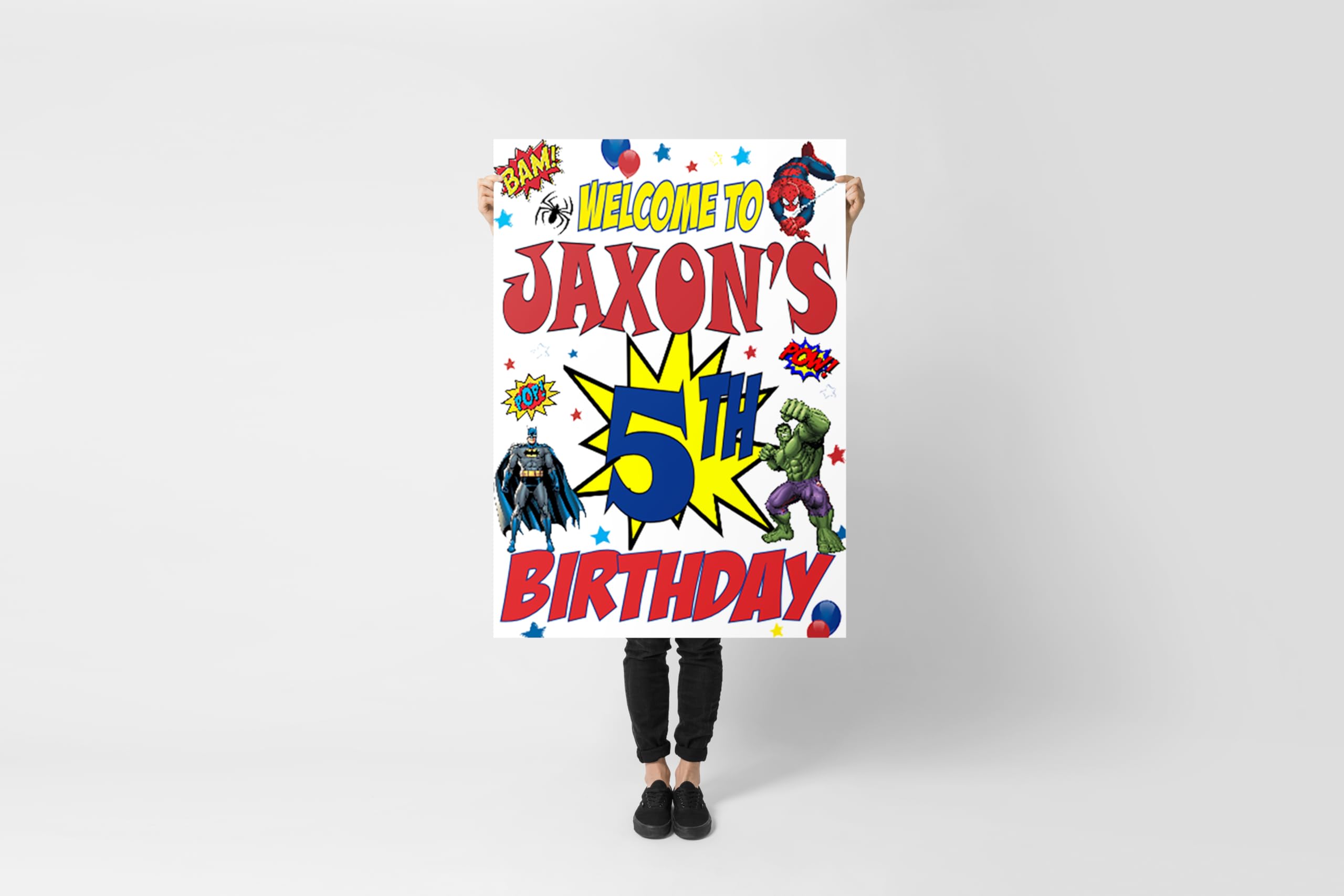 Personalised Superhero Birthday Banner for Boys Customised with Your Name Age and Photo (Vertical Poster No Photo) — image 1