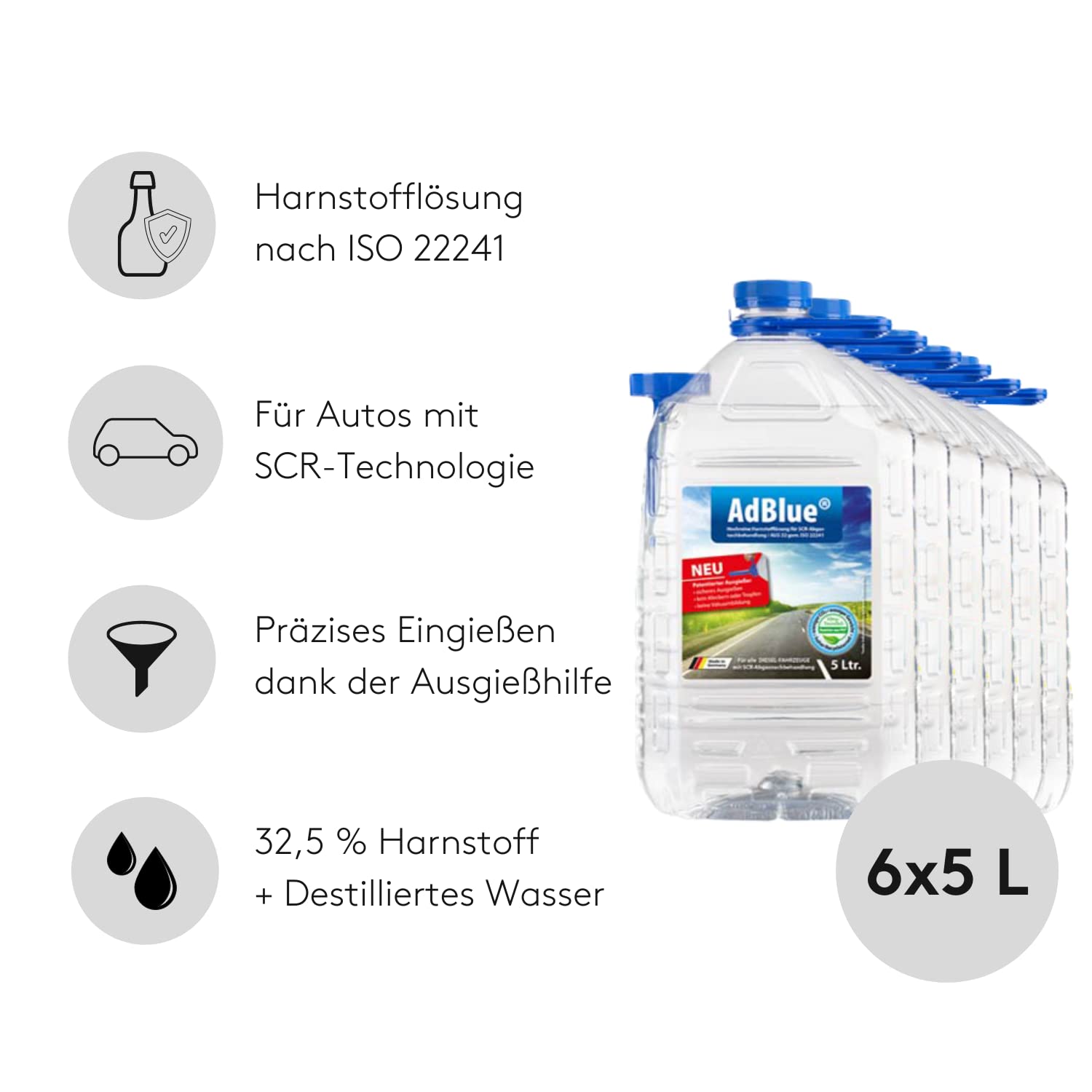 VENTON AdBlue® Harnstoff-Lösung 6x5L Kanister I Hochreines Diesel-Additiv für SCR-Abgasnachbehandlung inkl. praktischem Ausgießer I Ausstoßreduzierung von Stickoxiden I Ad Blue für Diesel