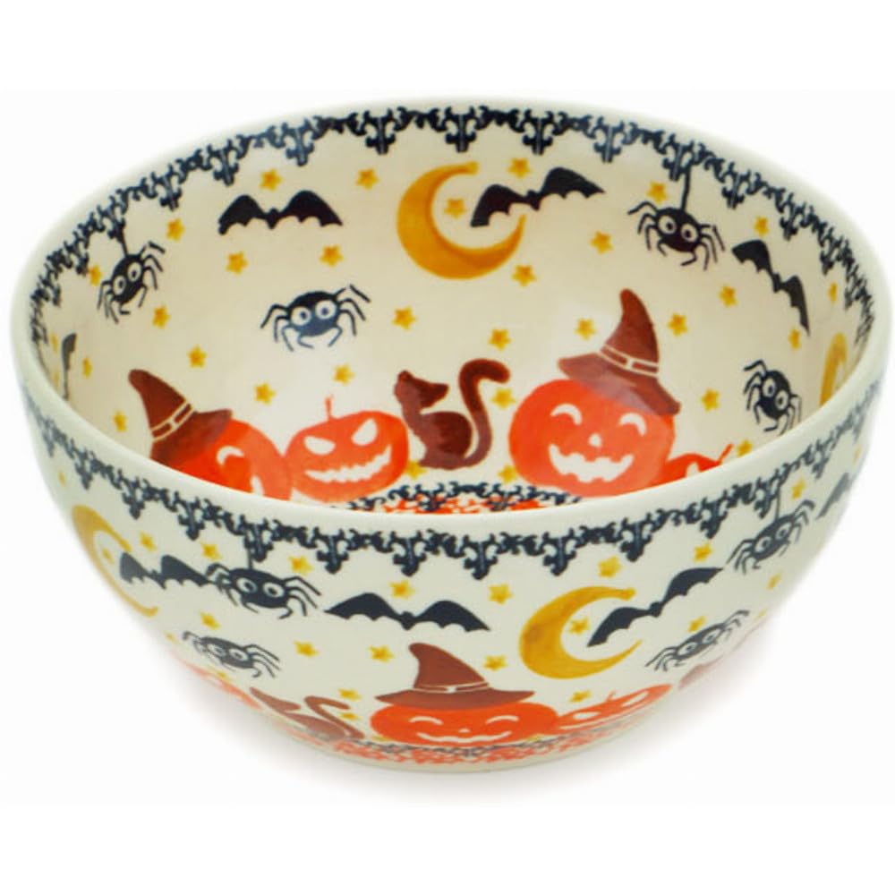 Authentic Polish Pottery Bowl 6-inch in Halloween Spooky Pumpkin Design Handmade in Boles?awiec Poland by Ceramika Bona + Certificate of Authenticity