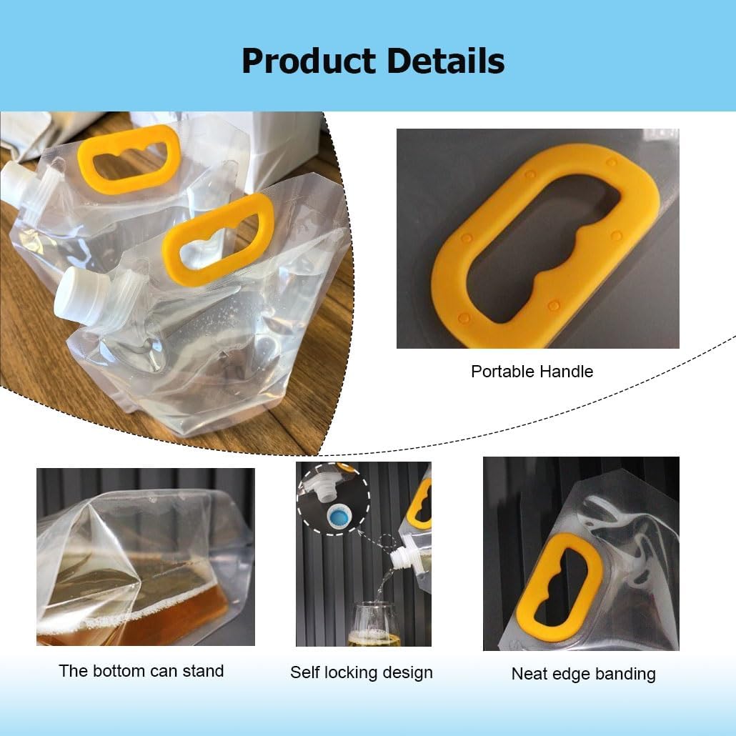 10Pcs Juice Travel Plastic Flasks Bags Portable Collapsible Beverage Bag, Foldable Food-Grade BPA-Free Water Carrier Liquid Container(2.5L)