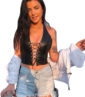Women's Sexy PU Leather Crop Tops Halter Criss Cross Lace Up Camisole Vest for Casual Party Festival Rave