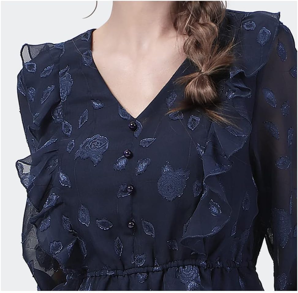 Chiffon Jacquard Womens Blouse Long Sleeve V-Neck Ruffles Tops Stretch Waist Floral Shirts