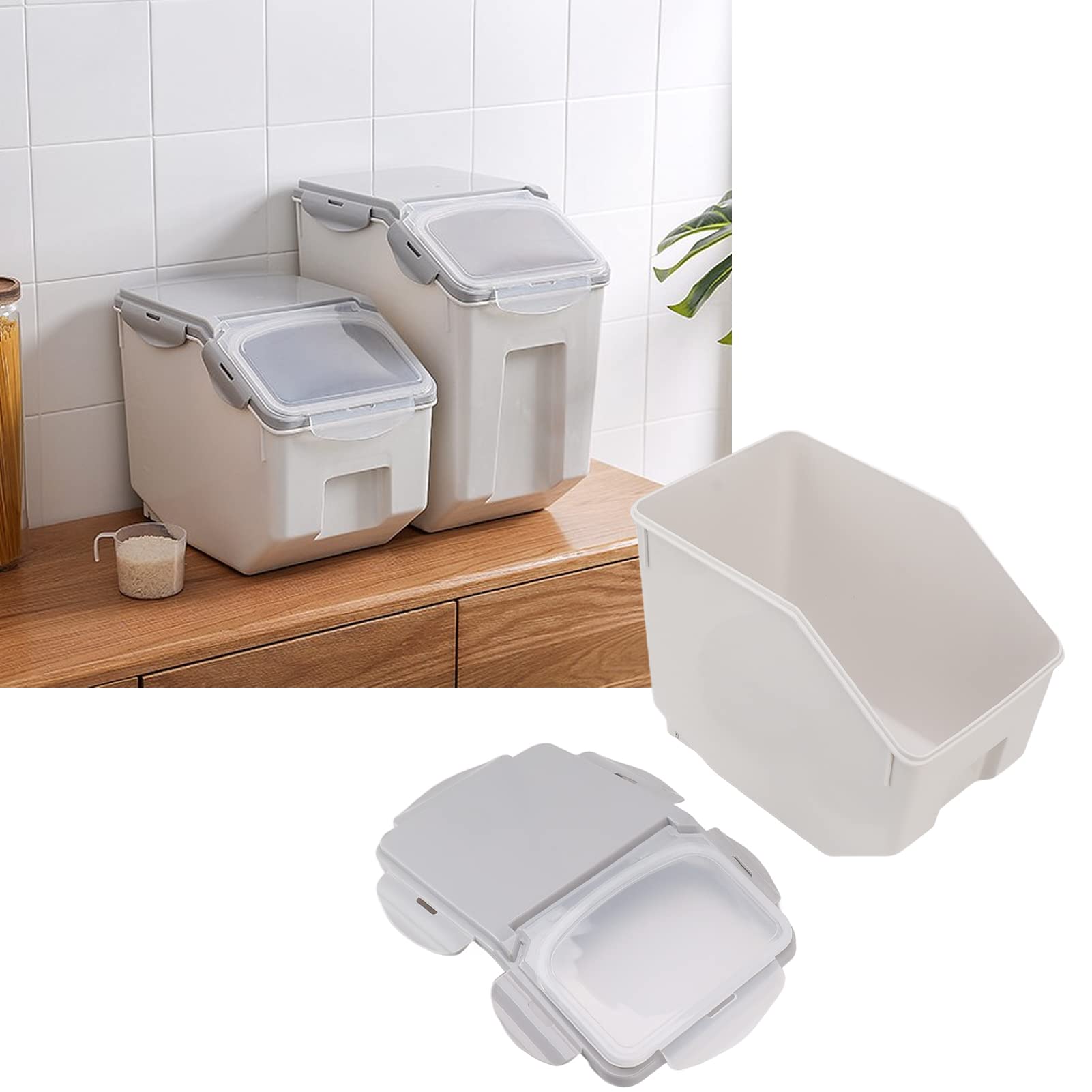 Récipient à Riz, Résistant aux Hautes Températures, Peu Encombrant, Récipient Alimentaire Hermétique en Plastique avec Tasse à Haricots (Gris 15KG)