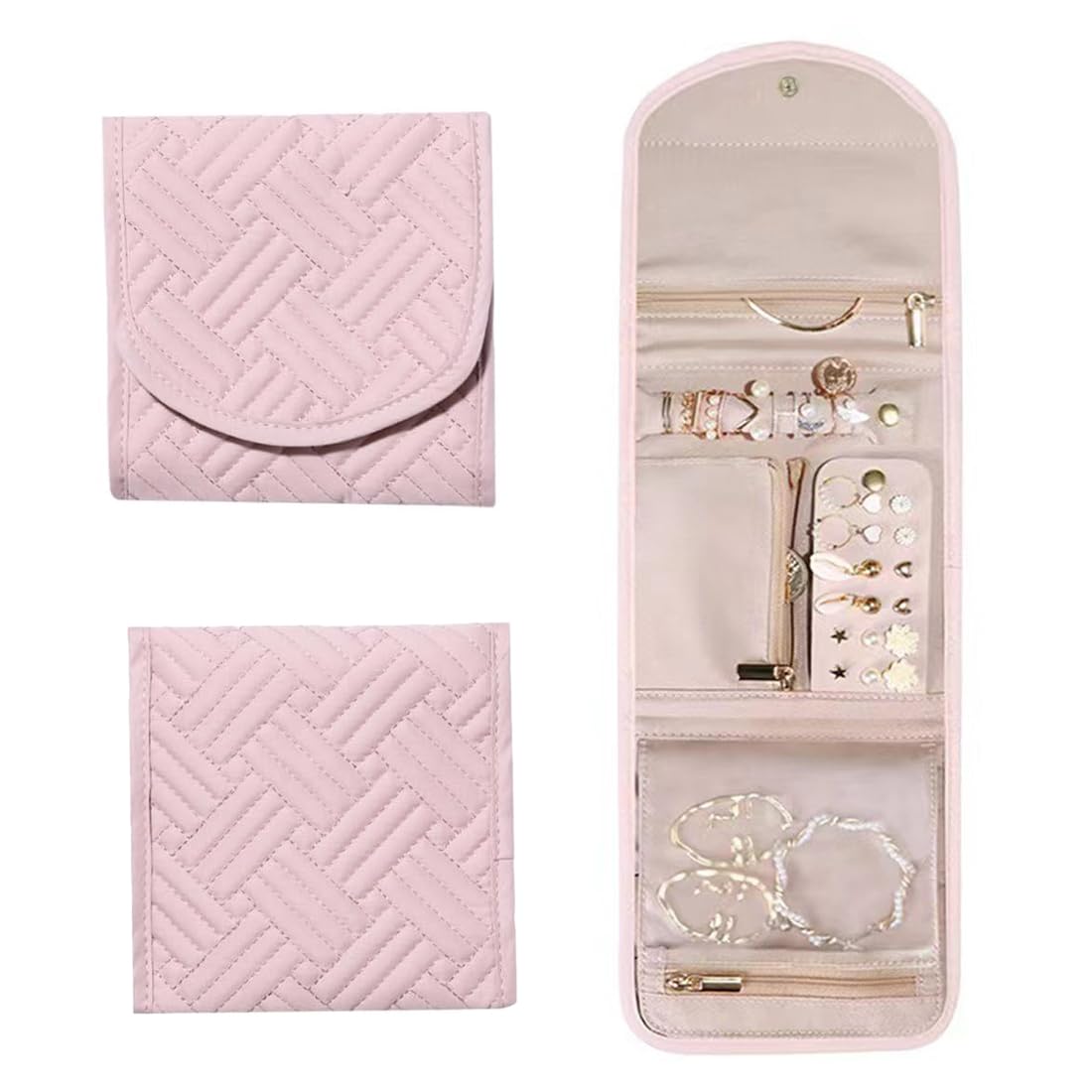Bolsa Almacenamiento de Joyas, Organizador Plegable y de Viaje, Rollo Portátil, Compacta y Ligera, con Múltiples Compartimentos para Collares, Pendientes, Anillos, Pulsera, Relojes
