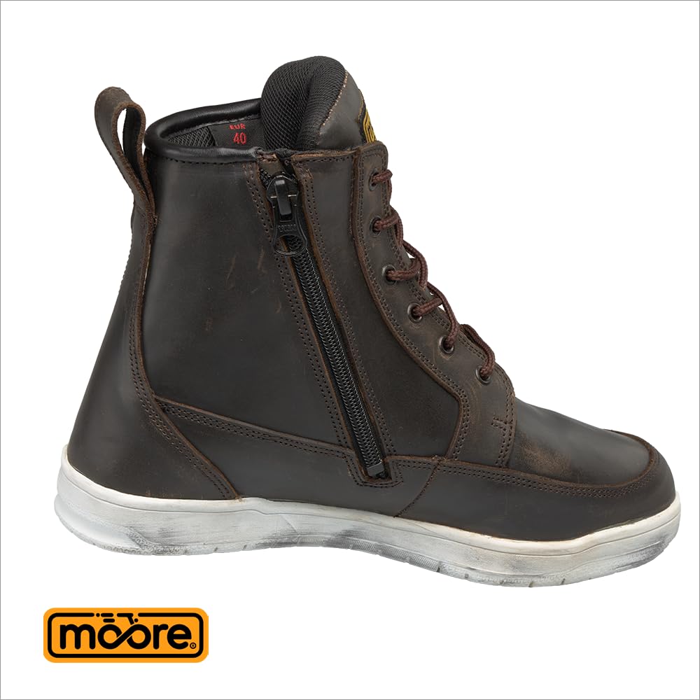 Moore Botas Moto Comfort Zip Marrón Piel, Membrana Imp. MRX-wp, Refuerzo Tobillo, Suela Tipo Sneaker, Cert. EN13634:2017