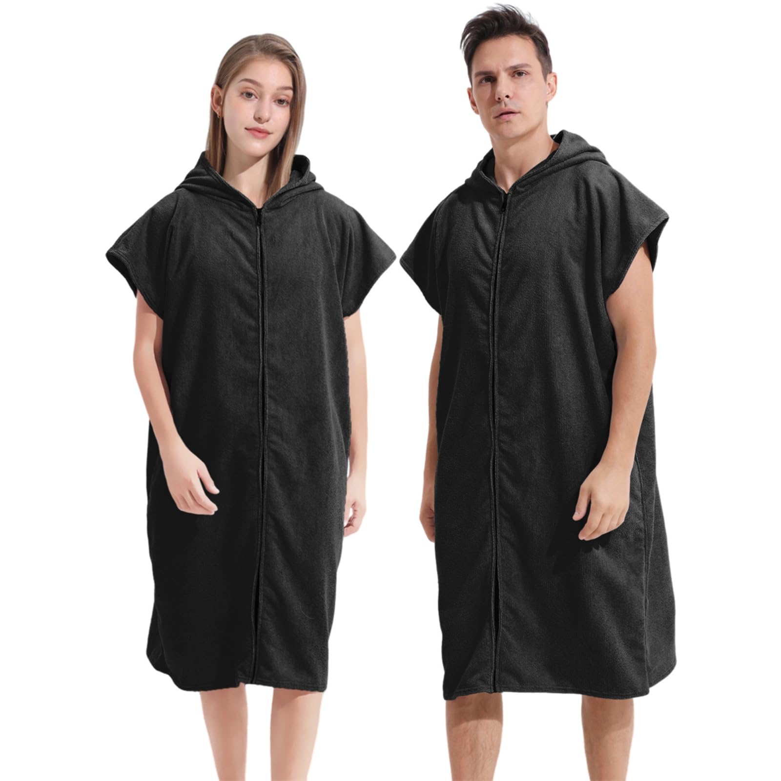 Treer Hooded Towel Poncho Adult, Changing Robe Towel Women Mens Beach Poncho with Hood and Zip Changing Robe Beach Quick Dry Microfibre for Swimming Surfing (CS18 Black,72x109cm)