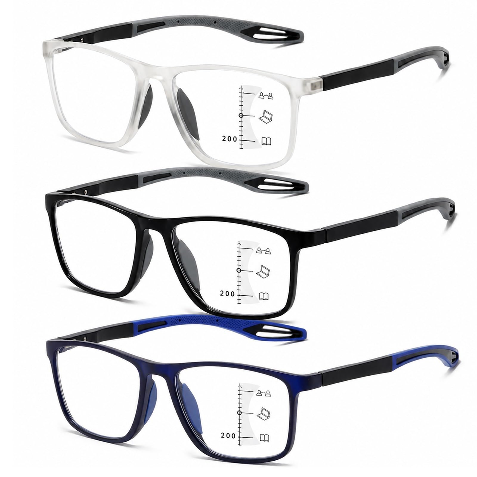 Generisch 3er-Pack Photochrome Progressive Lesebrillen Damen Herren, Multifokale Blaulichtfilter Lesehilfe, UV400 Schutz, leichte TR90 Brille