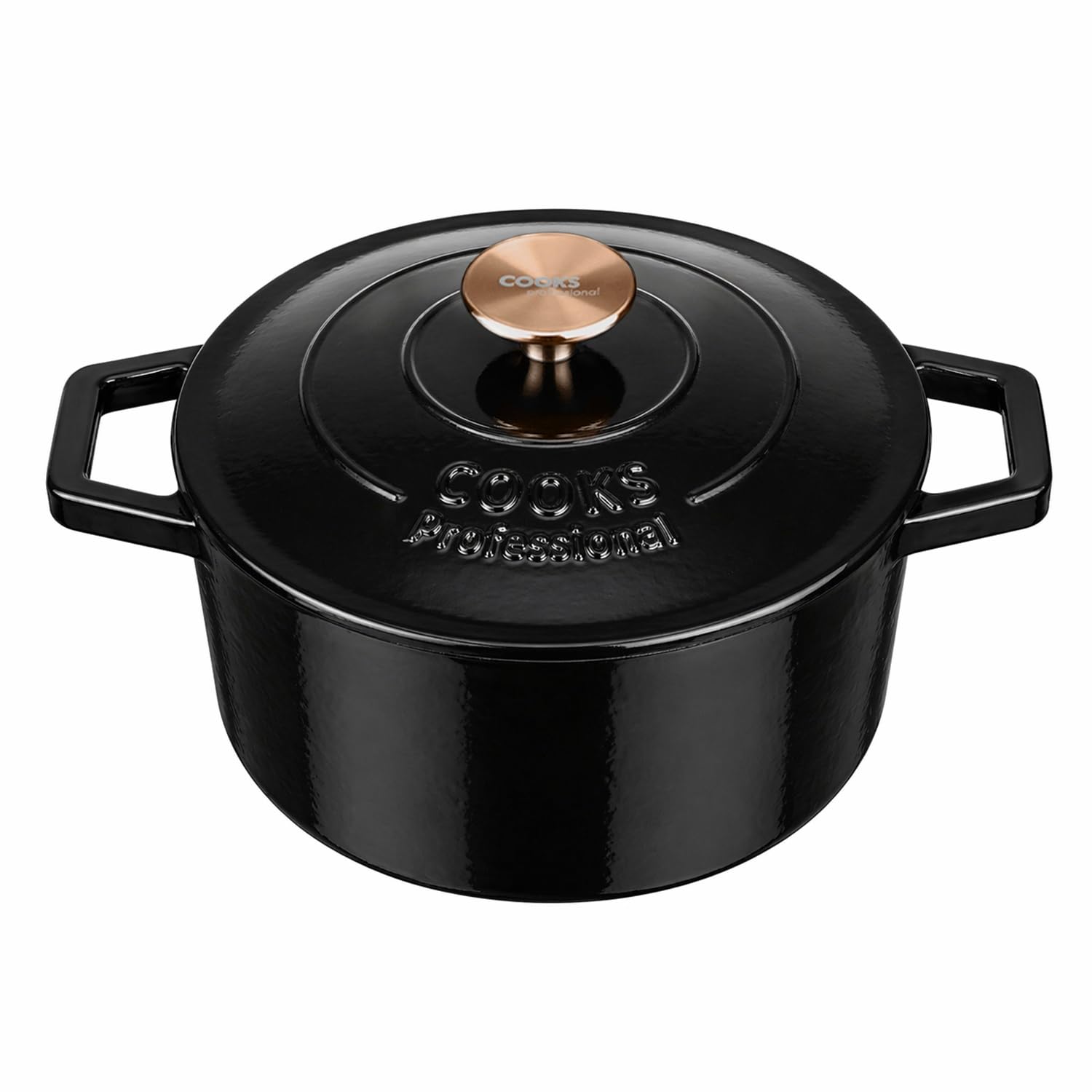 Cooks Professional 20cm Cast Iron Casserole Dish 2.8L with Lid & Handles | Colourful Modern Design Enamelled Cooking Pan Pot | Suitable For All Hobs Inc Induction | Oven & Grill Safe | Shiny Black