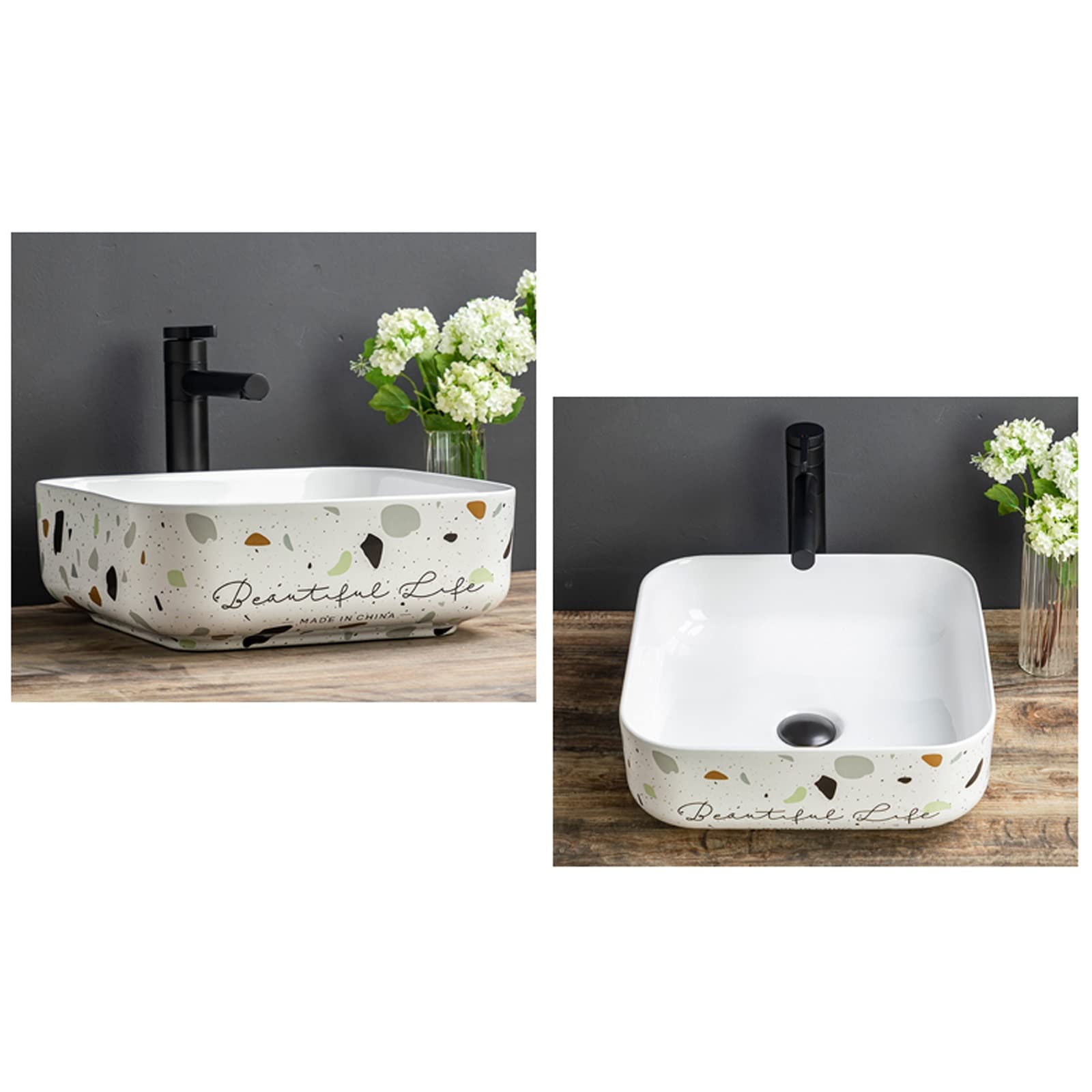Umywalka łazienkowa Kwadratowy zlew 15,1 "X .1" Nowoczesna porcelana nad blatem Biała łazienka Ceramiczna umywalka z czarnym kranem i odpływem pop-up (bez przelewowego otworu) Blat
