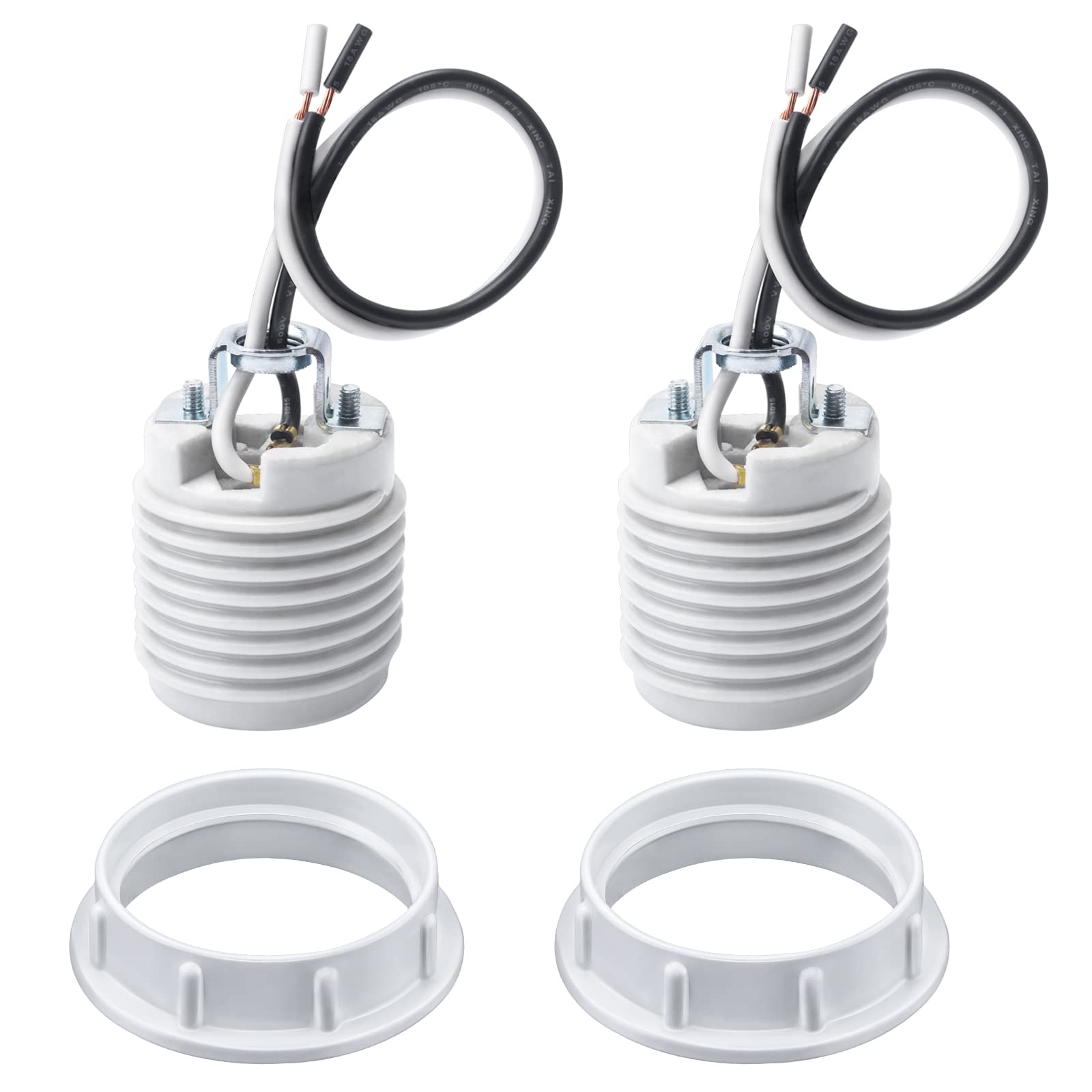 DiCUNO Medium Base E26 Ceramic Light Threaded Socket with White Shade Ring, Screw-in Light Bulb Socket, UL Listed Porcelain Pre-Wired Lead 6 Inches Lamp Holder for Halogen LED Bulb, 2 Packs