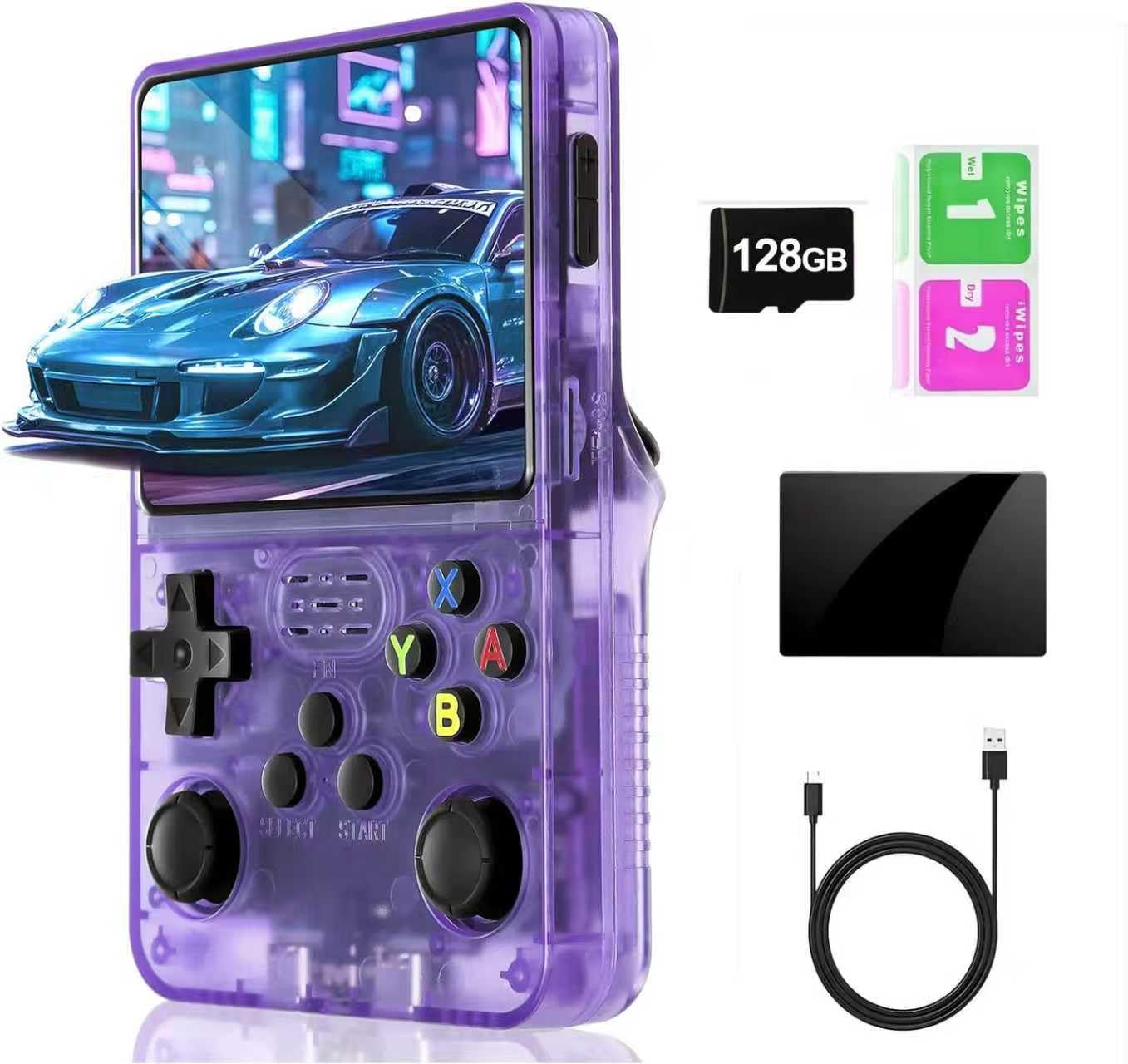 Console de Jeux Rétro R36S, Écran IPS 3.5", 128 Go, 40000+ Jeux Préinstallés, Système Open Source, Double Joystick, Batterie 3500mAh, Portable pour Adulte & Enfant (Transparente)