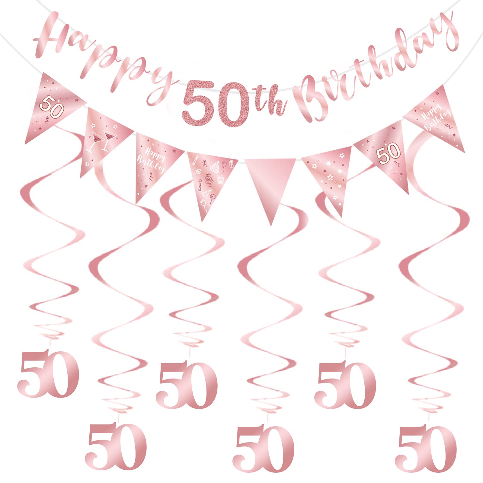 Rose Gold 50th Birthday Decoration for Girls, Happy 50th Birthday Banner Bunting Swirls, Triangle Flag Banner for 50 Birthday Party Decorations