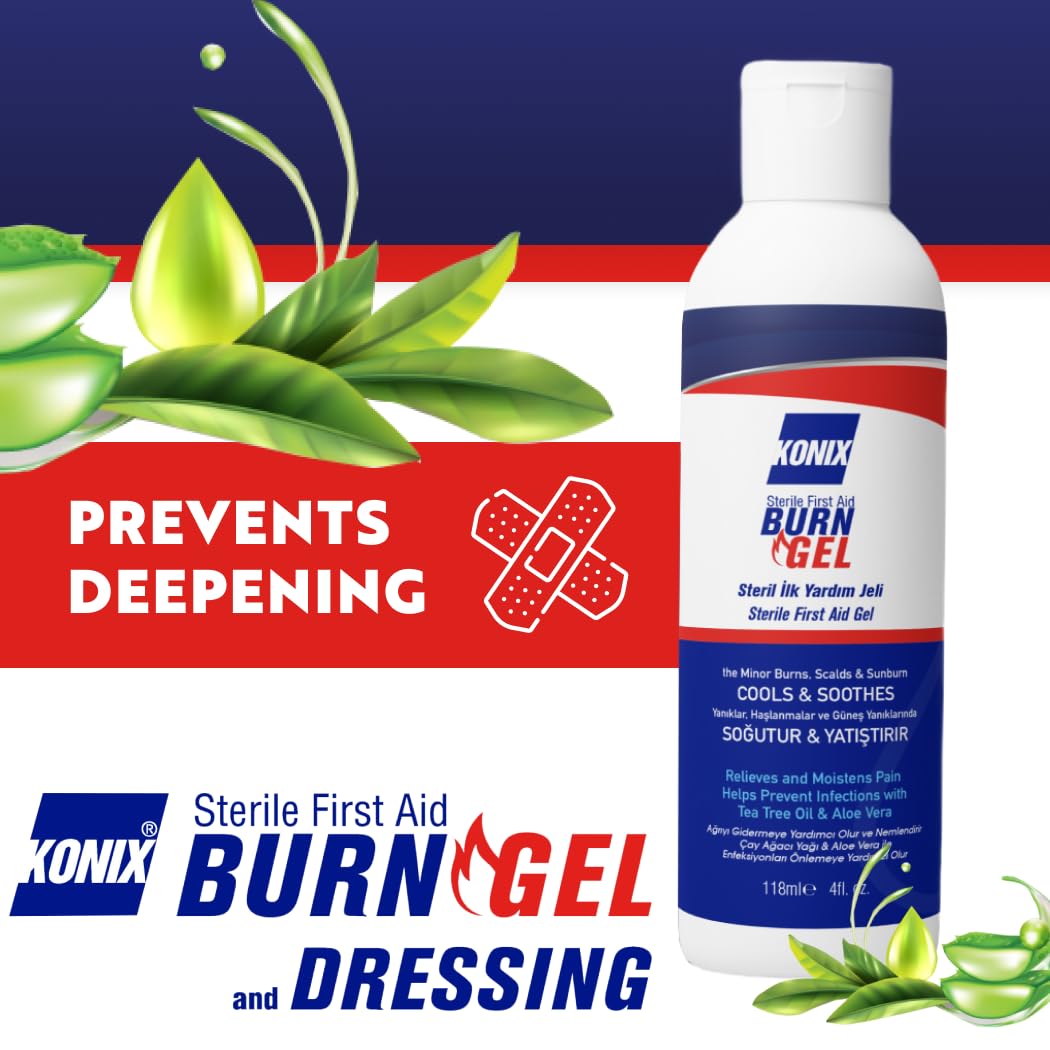 KONIX Sterile Erste-Hilfe-Verbrennungsgel Fast Relief Schutz Schnellhilfe-Gel für alle Arten von Brandverletzungen geeignet für alle Hauttypen Melaleuca, Aloe Vera 118 Ml