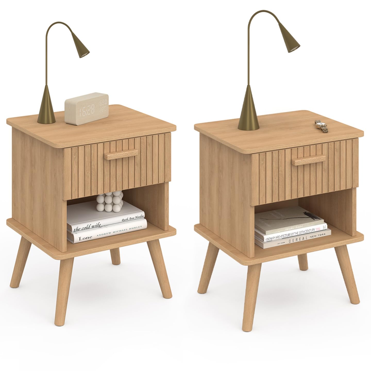 IDMarket - Lot de 2 Tables de Chevet Juliette 1 tiroir avec Niche Effet Lattes tasseau Bois