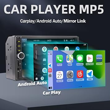 7'' Double Din Car Stereo Build-in Apple Carplay,Bluetooth 5.1 Hand-Free Calling,Touchscreen Car Radio,GPS Navigation,Car FM,Night Vison Backup Camera,Fit Your Car,USB/TF/Subwoorf/240 watts