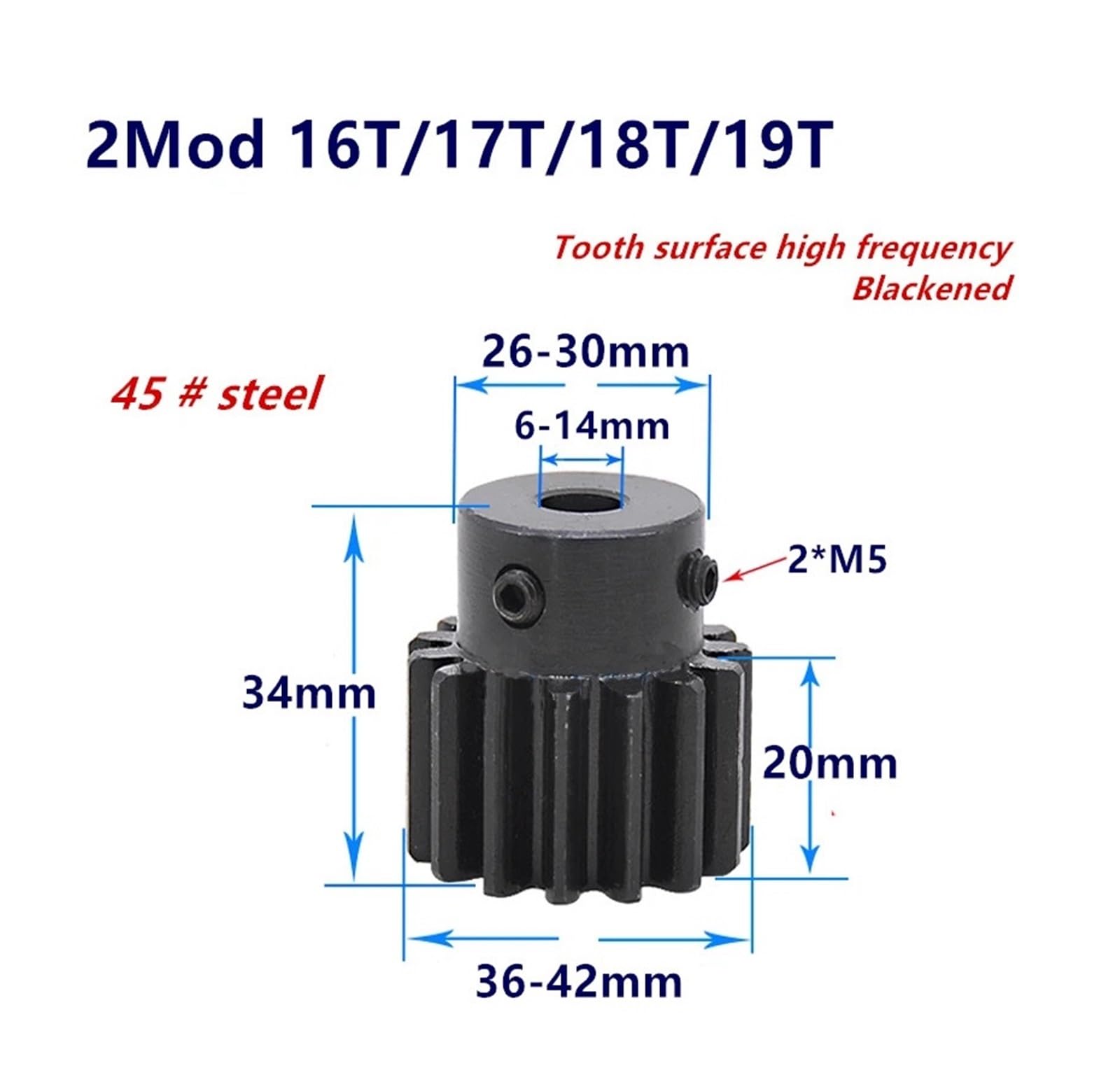 Bevel Gear Pinion Hardware Mechanical 1pcs Mod 2 Spur Gear Pinion 18T Teeth Steel Positive Gear CNC Gear Rack Transmission Motor Gears(12mm)