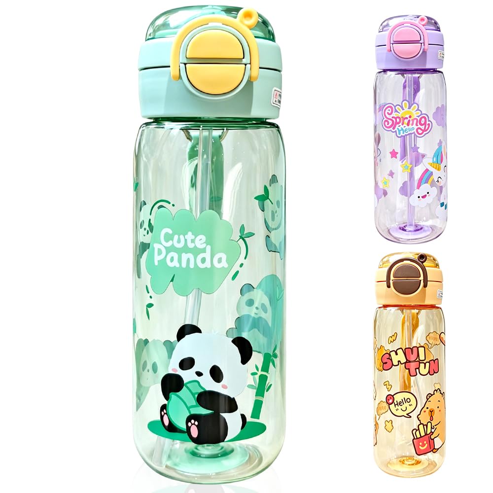 HAJXXMM Panda Water Bottle with Straw, Drinking Bottle Reusable Cute Drinking Cup, Childrens Drinks Flask with Carrying Handle, Personalised Water Flask Kids for Office Outdoor Travel
