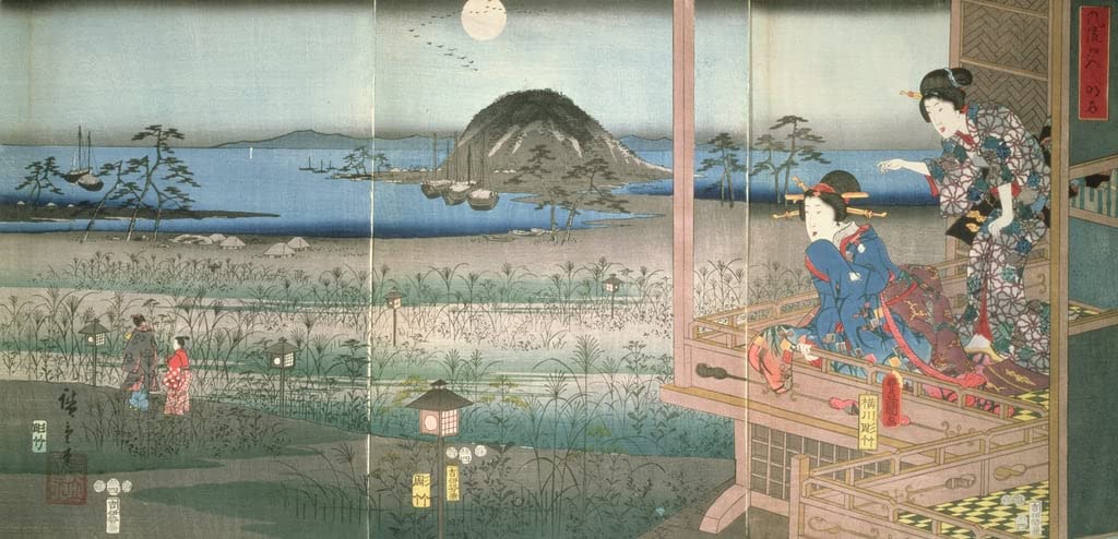 Oil on canvas Vintage poster Famous the Lady Fujitsubo Watching Genji Departing in the Moonlight by Utagawa Hiroshige for Home Decor 60x90cm