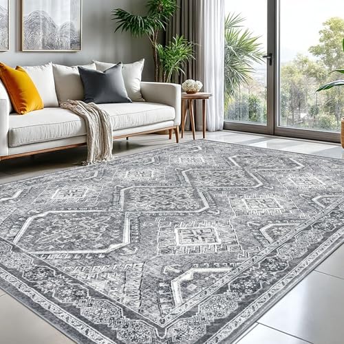 KUTA Grey Vintage Area Rugs for Living Room 8x10, Washable Large Rug for Bedroom 8ft x 10ft, Non-Slip Ultra Soft Printed Distressed Boho Farmhouse Modern Cozy Carpet for Dining Room