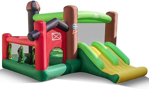 HONEY JOY Casa inflable con temática de granja, casa inflable para niños en interiores y exteriores, toboganes dobles, estacas de suelo, casa de