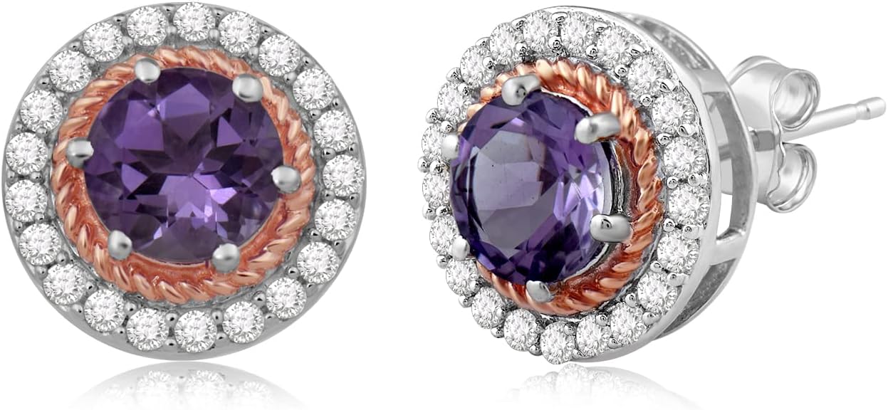 Jewelili 18K Rose Gold Over Sterling Silver 7MM Round Amethyst and Round Created White Sapphire Halo Stud Earrings