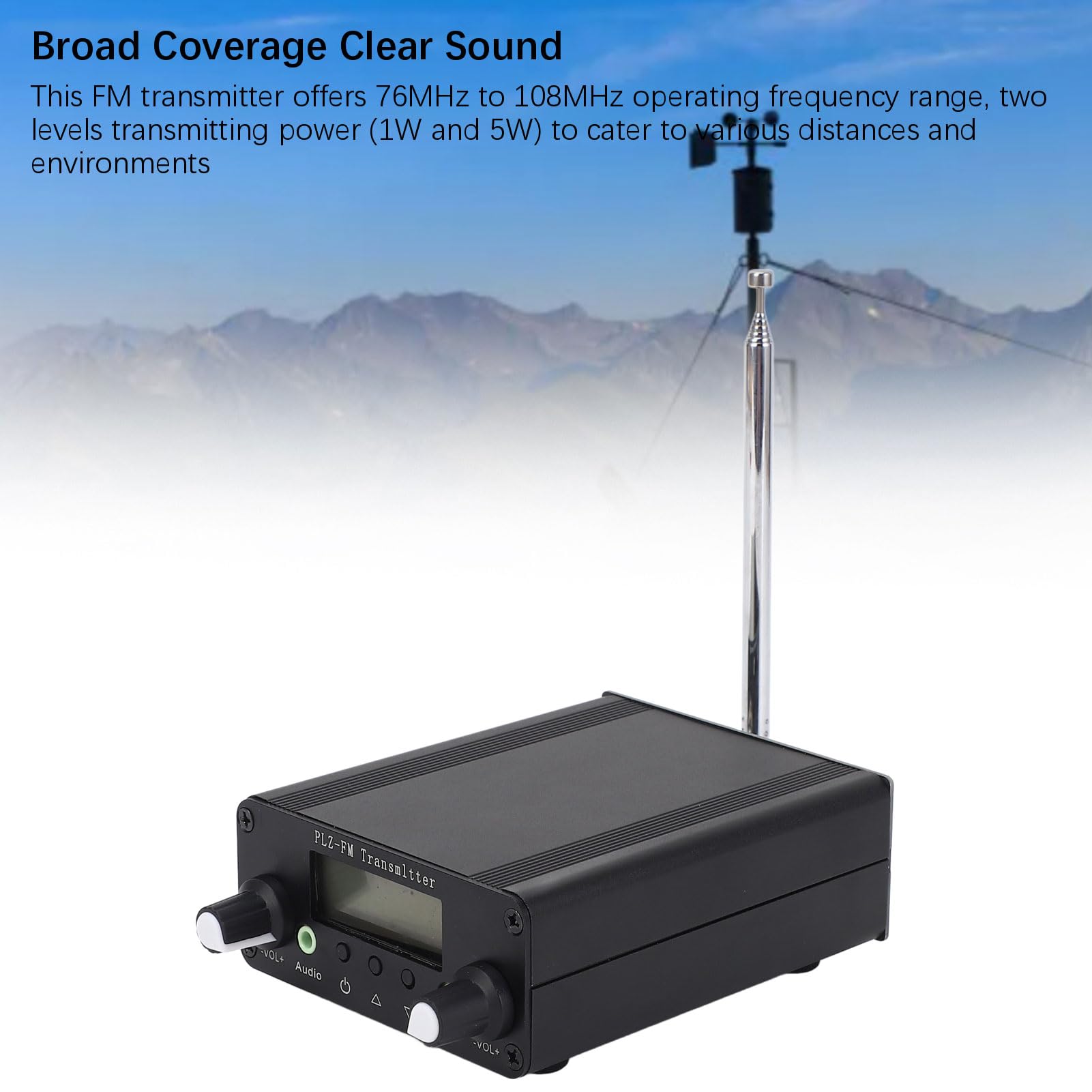 Transmisor FM de 12V - 76-108MHz, Transmisor de Modulación de Frecuencia Estéreo de 1W/5W con Conector de Audio de 3.5 Mm, Rango de hasta 10 Km