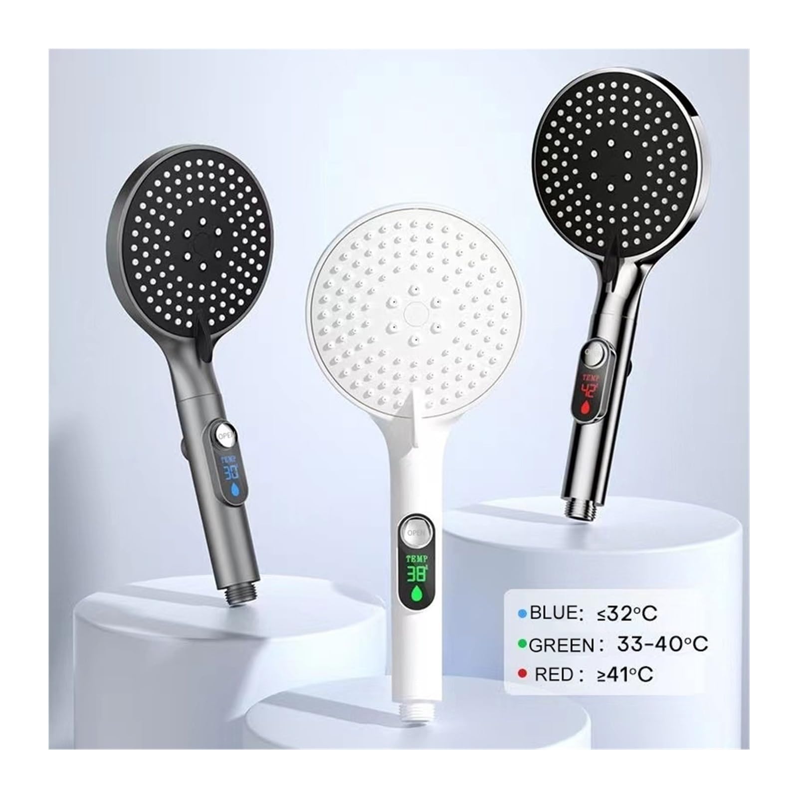 LED-Handbrause mit digitaler Temperaturanzeige, 3 einstellbare Geschwindigkeiten, wasserbetrieben, keine Batterie (G)
