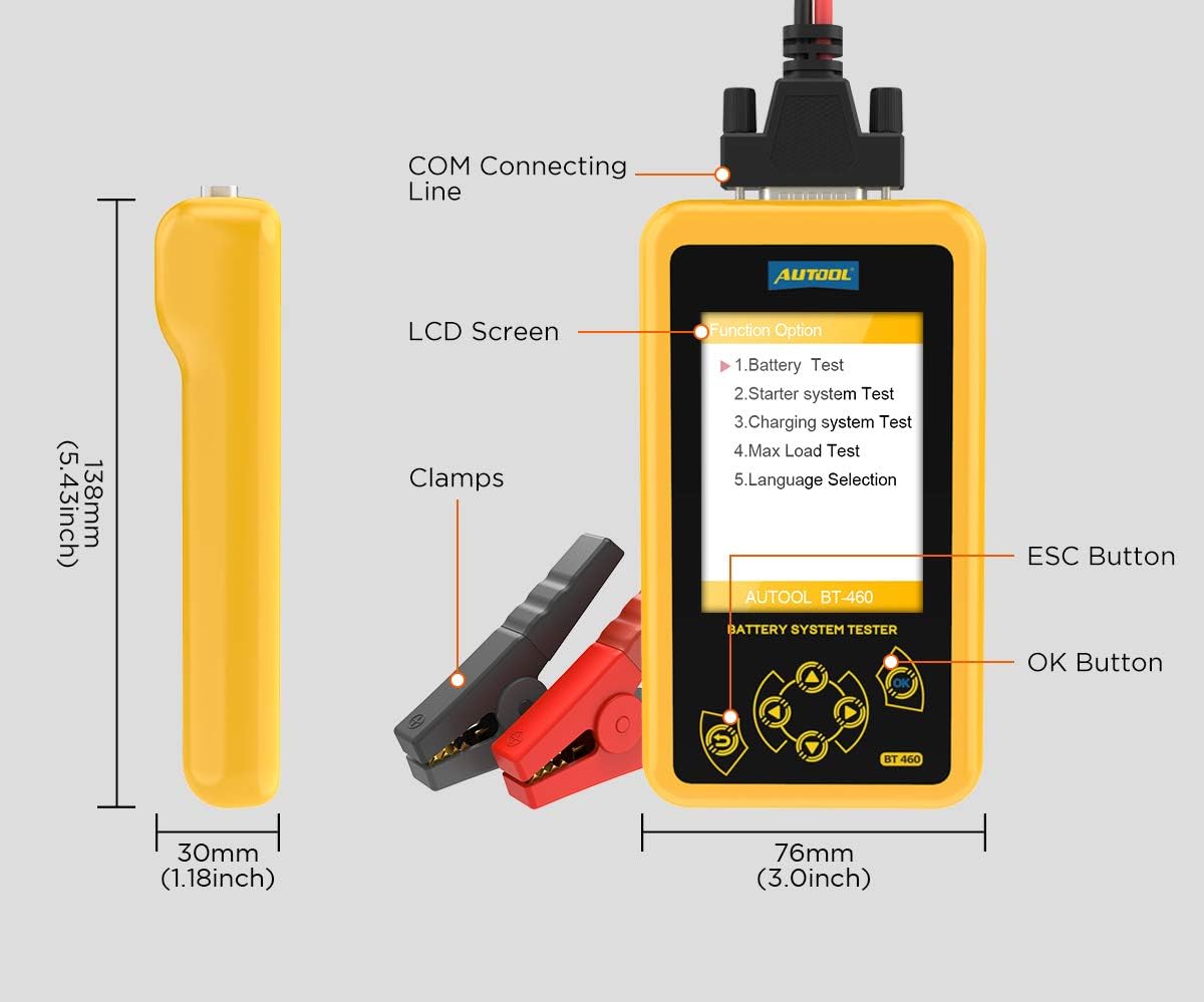 BELEY BT-460 Battery System Tester with clamps and connecting line, showing dimensions and button layout.