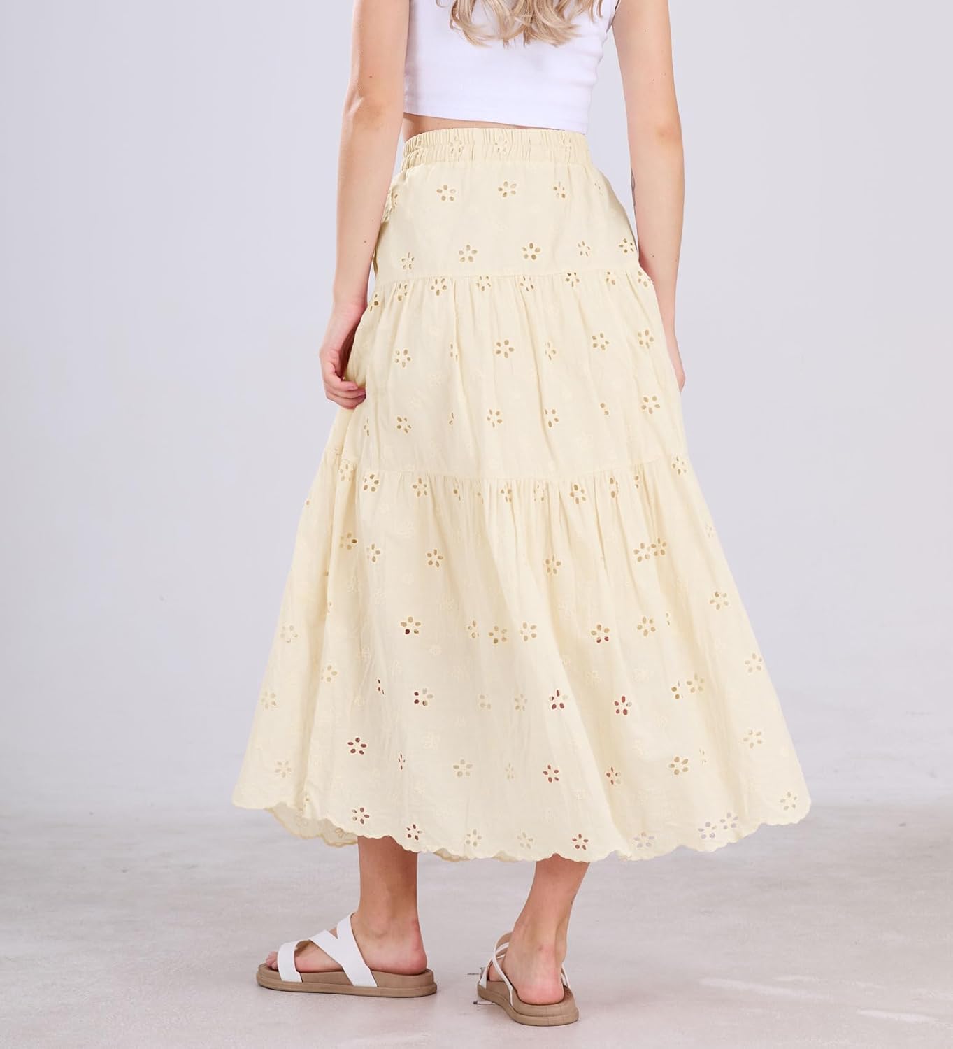 chouyatou Women's Lace Embroidery Eyelet Boho Skirt High Elastic Waisted Flowy Swing Midi Long Skirt - Image 4