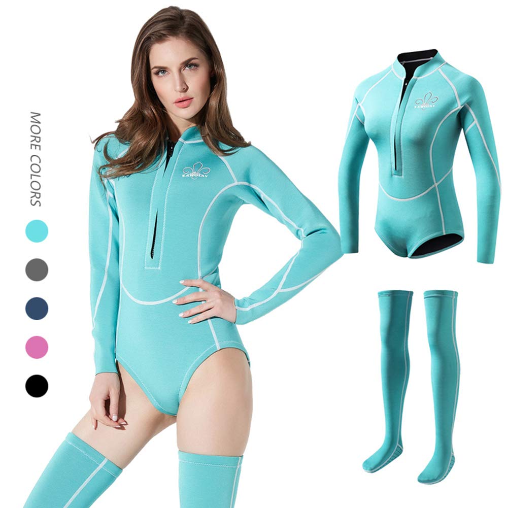 SABOLAY Womens Wetsuit 2mm Neoprene Surfing Set Triathlon Scuba Diving Snorkeling Swimming Suit,Blue,XXL