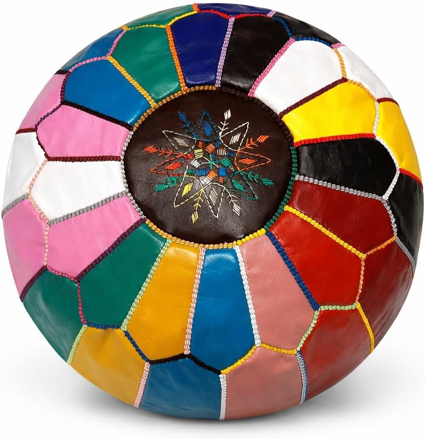 Handmade Moroccan Leather Pouf – Multicolor Patchwork Ottoman, Hand-Stitched Genuine Leather Floor Cushion, Boho Home Decor